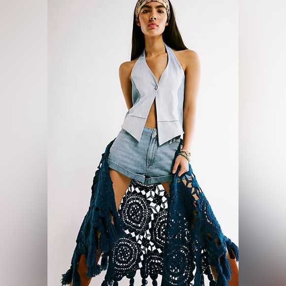 Free People Tricia Fix Split Denim Vest Halter Top Women’s Blue Size Medium - Picture 3 of 12